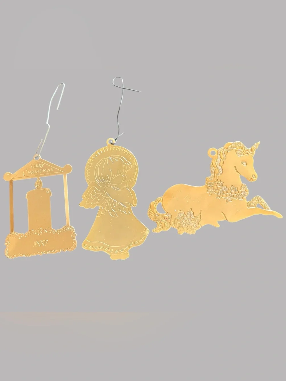 VTG Flat Brass Metal Ornament Holiday Lot Of 3 Christmas Angel Unicorn & Candle